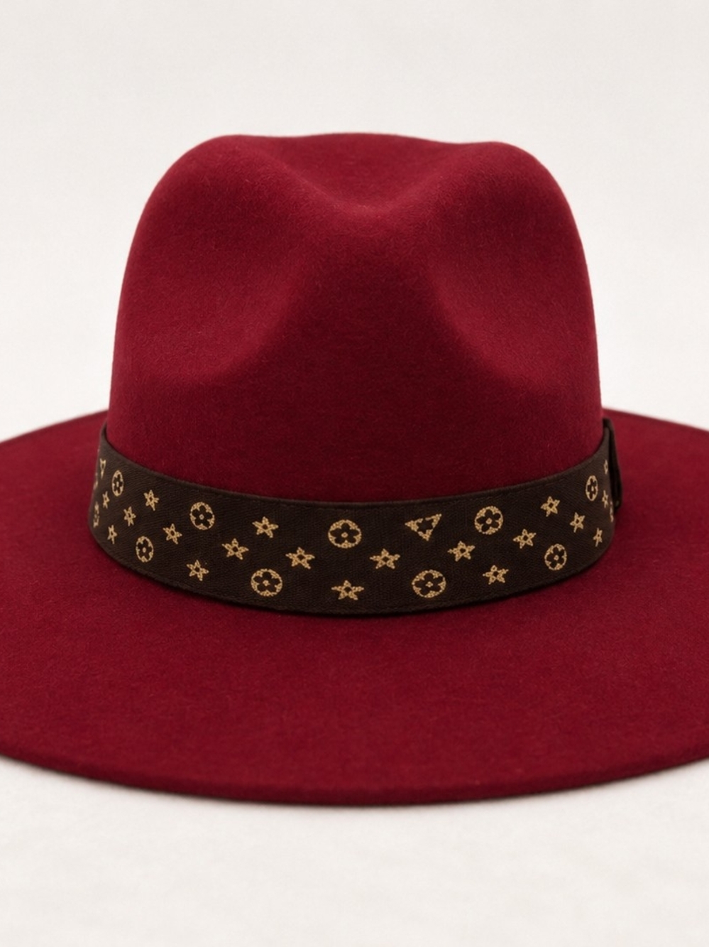 Louie Vuitton Inspired Wide-Brim Fedora Hat in Burgundy with Branded Band
